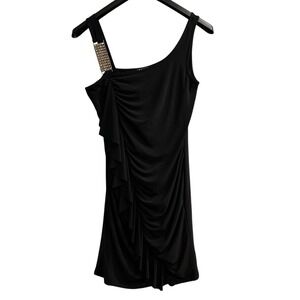 Vintage Taboo Y2K Dress Womens L Black Ruched Ruffled Mini Jeweled Shoulder Hoco